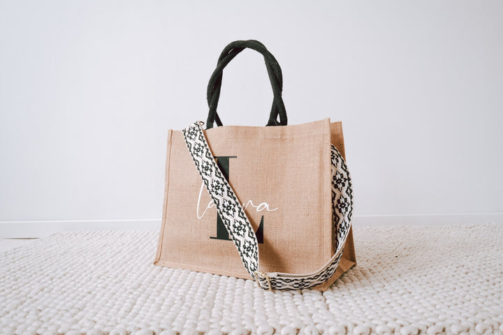 Jutetasche mit besticktem Taschengurt "Ethno Design", personalisierbar - JelliesDesign - Jute Bag - Totes