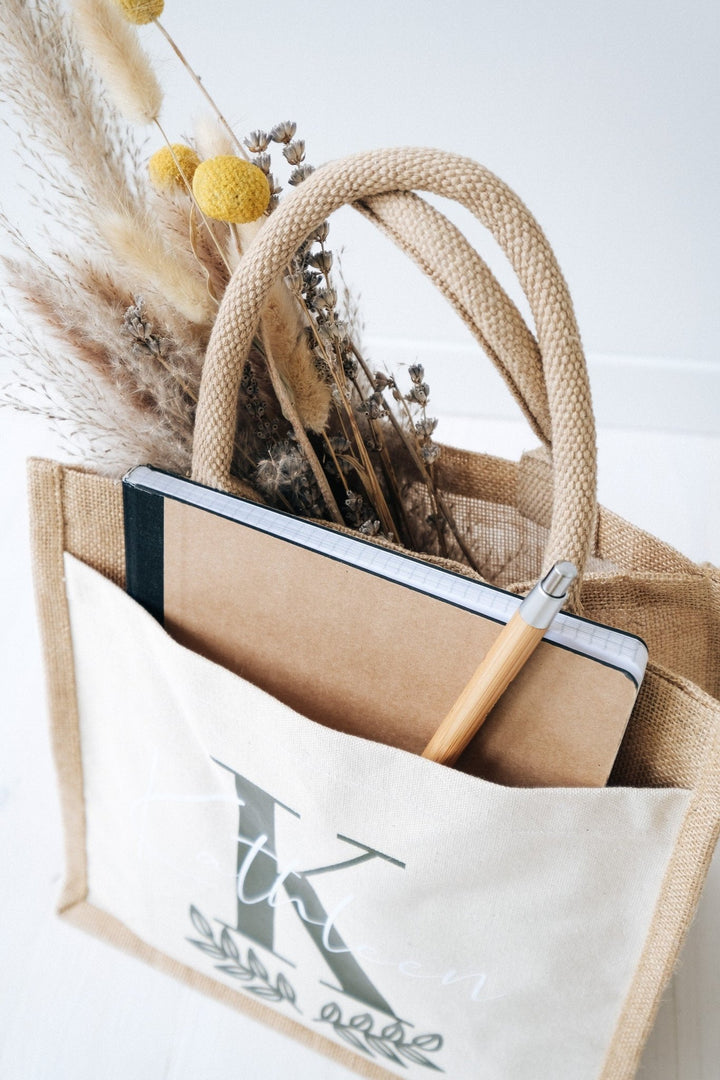 Jute Tasche mit Initialen und Seitenfach - Jellies Design