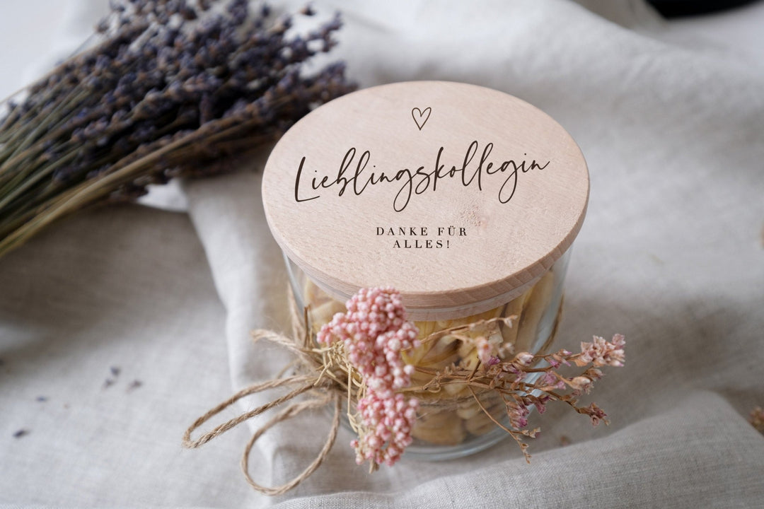 Vorratsglas zum Verschenken | Abschied Lieblingskollegin | Geschenk Jobwechsel | Sammelgeschenk | Holzdeckel graviert mit "Danke für Alles!" - Jellies Design