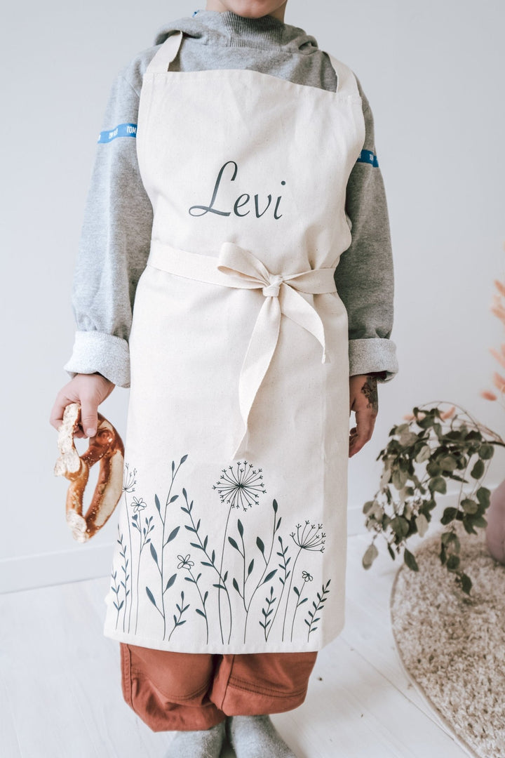 Kinderschürze personalisiert mit Namen und stilisierten Blumen - Jellies Design