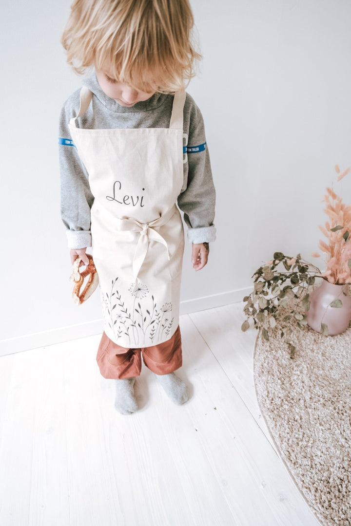 Kinderschürze personalisiert mit Namen und stilisierten Blumen - Jellies Design