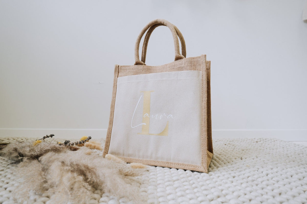 Jute Tasche mit Monogramm und Seitenfach - Jellies Design