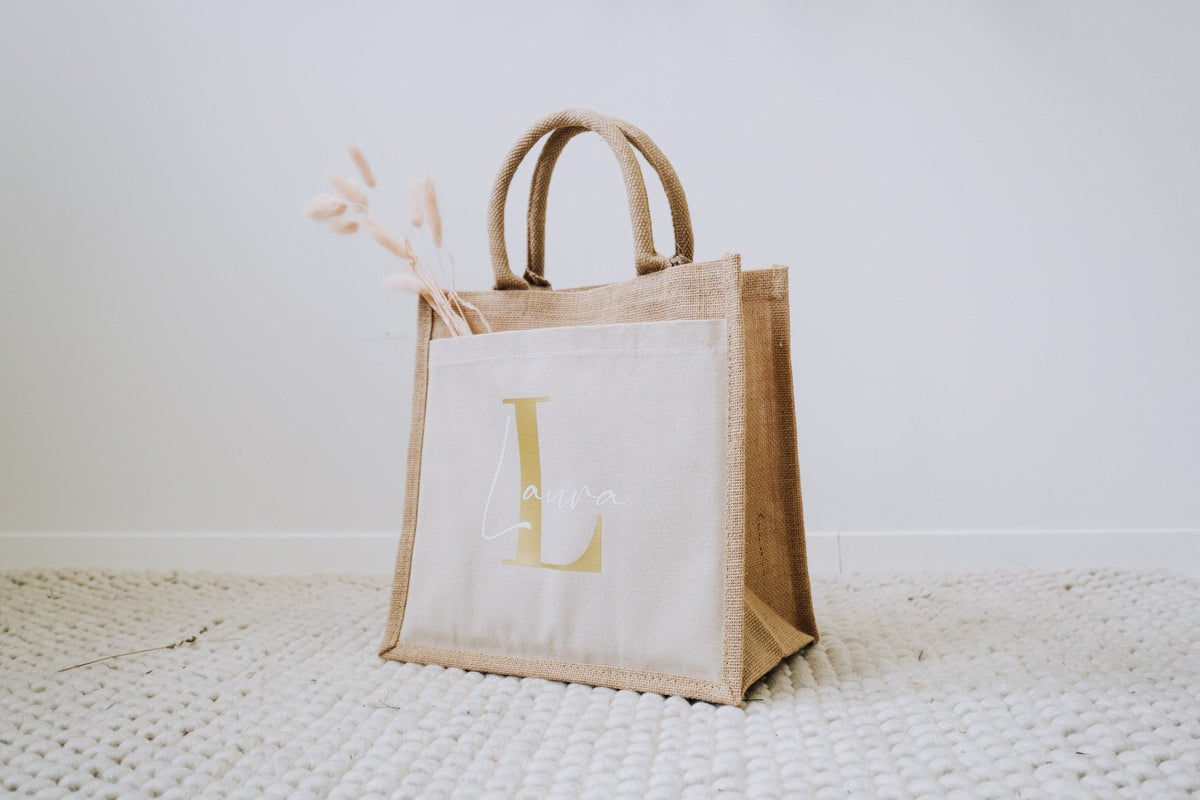 Jute Tasche mit Monogramm und Seitenfach - Jellies Design