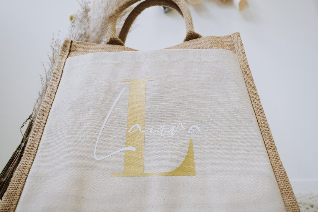 Jute Tasche mit Monogramm und Seitenfach - Jellies Design