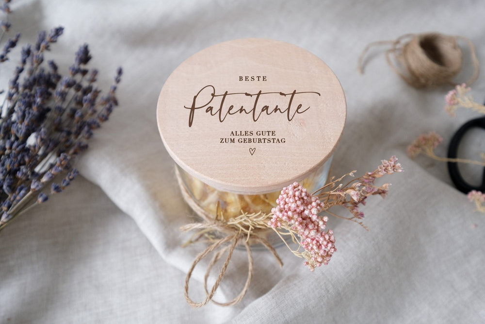 Personalisierbares Vorratsglas | Geschenkidee für die Beste Mama, Patentante usw. | Made to Love | Aufbewahrung mit graviertem Holzdeckel - Jellies Design