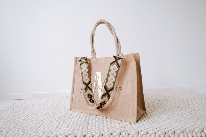 Personalisierte Jutetasche mit buntem Wechselriemen im Ethnologischen Design - JelliesDesign - Jute Bag - Purse Straps